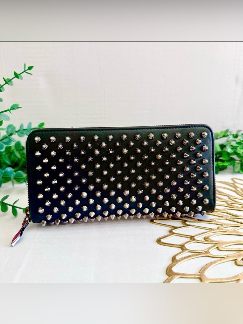 Christian Louboutin Black Studded Zippy Long Wallet with Shoe zipper
